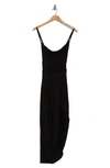 Go Couture Cowl Neck Asymmetric Slit Dress In Black