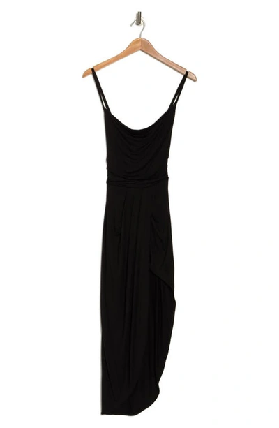 Go Couture Cowl Neck Asymmetric Slit Dress In Black