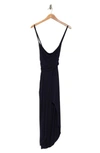 Go Couture Cowl Neck Asymmetric Slit Dress In Navy