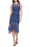 Kensie Floral Embroidered Sleeveless Midi Dress In Navy/ Fuschia