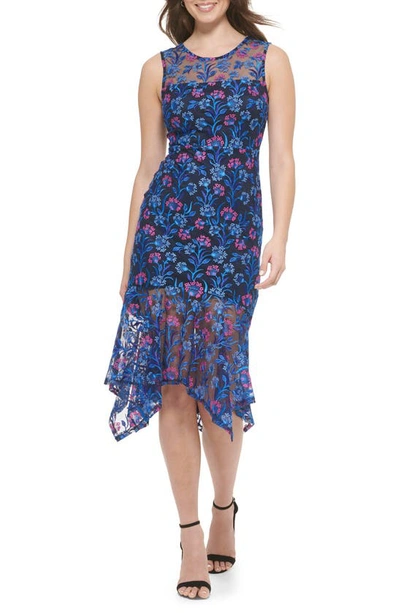 Kensie Floral Embroidered Sleeveless Midi Dress In Navy/ Fuschia