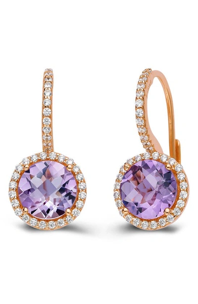 Lafonn Rose Gold Plated Sterling Silver Amethyst & Simulated Diamond Lever Back Earrings In Purple