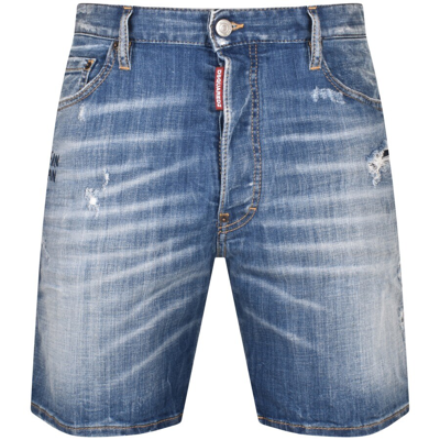 Dsquared2 'marine' Blue Bermuda Shorts With Logo Patch In Stretch Cotton Denim Man
