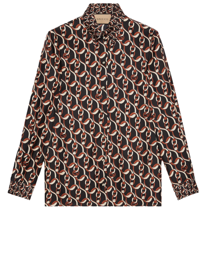 Gucci Interlocking G Chain Print Silk Shirt In Black