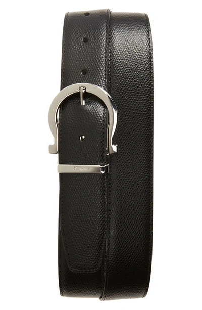 Ferragamo Reversible Textured Calfskin Belt In Nero