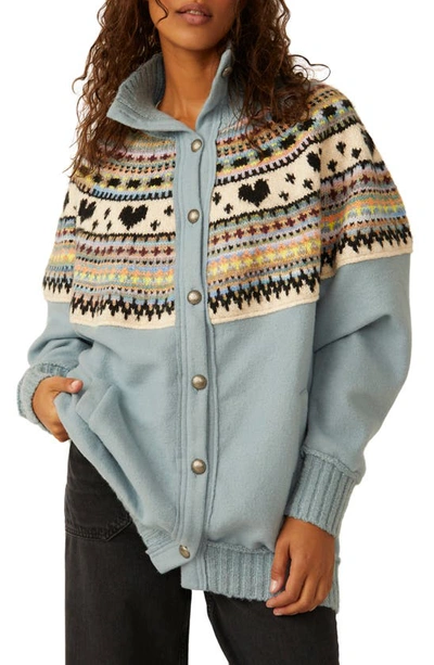 Free People Emily Fair Isle Front Button Jumper In Mineral Rain