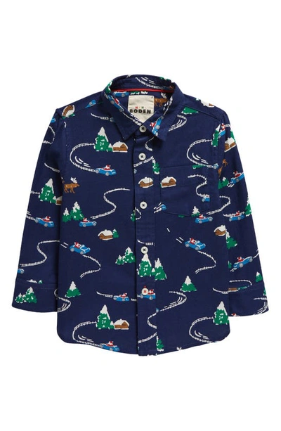 Mini Boden Kids' Festive Print Brushed Flannel Button-up Shirt In College Navy Festive Scene