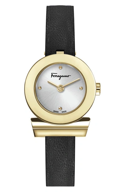 Ferragamo Gancino Leather Strap Watch, 27mm In Silver/black