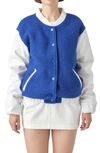English Factory Women's Tweed Pu Bomber Jacket In Blue/ White