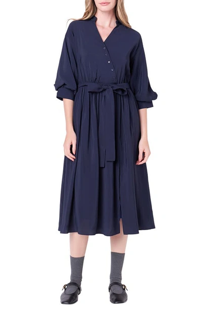 English Factory Asymmetric Button Front Midi Wrap Shirtdress In Navy