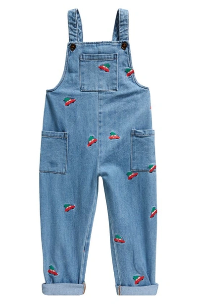 Mini Boden Kids' Embroidered Denim Overalls In Brilliant Red Festive Car