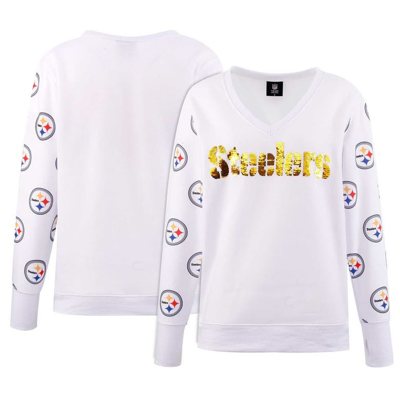 Cuce White Pittsburgh Steelers Sequin Fleece V-neck T-shirt