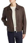 Hugo Boss Leather Jacket With Two-way Zip In Dark Brown