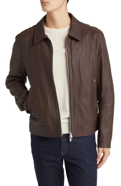 Hugo Boss Leather Jacket With Two-way Zip In Dark Brown