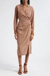 Veronica Beard Wright Long Sleeve Stretch Silk Midi Shirtdress In Dot V Prt Blk/ow