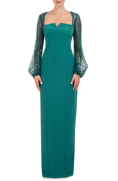 Js Collections Kim Sequin Long Sleeve Column Gown In Teal