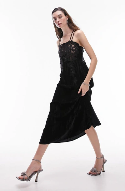 Topshop Mini Slip Dress In Velvet With Lace-black