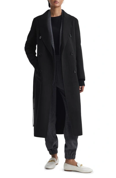 Reiss Arla - Black Relaxed Wool Blend Blindseam Belted Coat, Us 2