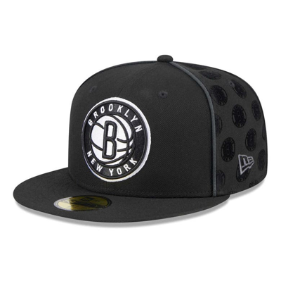 New Era Men's  Black Brooklyn Nets Piped & Flocked 59fifty Fitted Hat