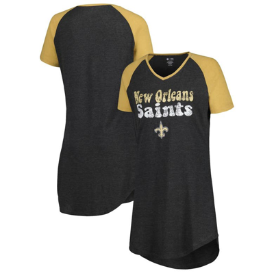Concepts Sport Women's  Black, Gold Distressed New Orleans Saints Raglan V-neck Nightshirt In Black,gold