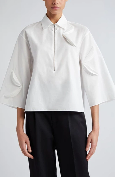 Akris Punto Bird-applique Cotton-gabardine Quarter-zip Kimono Blouse In Cream