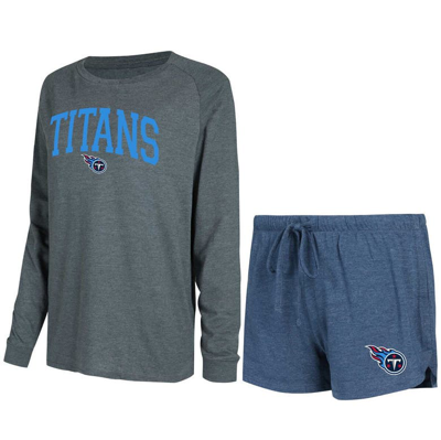 Concepts Sport Women's  Navy, Charcoal Tennessee Titans Raglan Long Sleeve T-shirt And Shorts Lounge In Navy,charcoal