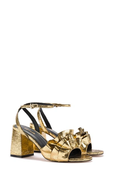 Larroude Selena Ruffle Metallic Ankle Strap Sandal In Gold