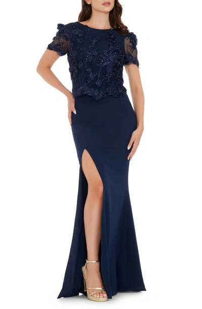 Dress The Population Ramona Embellished Side Slit Gown In Blue