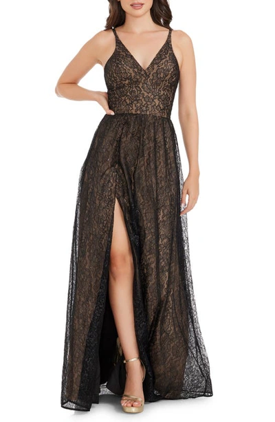 Dress The Population Danae Lace Gown In Black- Beige