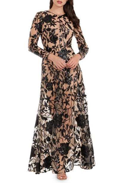 Dress The Population Ava Sequin Floral Embroidered Long Sleeve Gown In Black- Beige