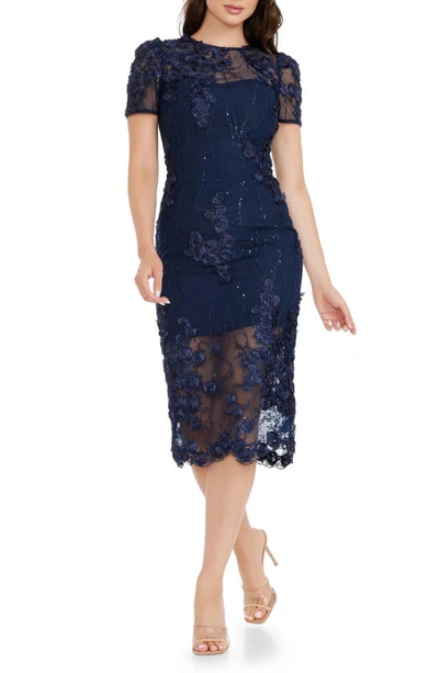 Dress The Population Lia Sequin & Flower Appliqué Sheath Dress In Navy