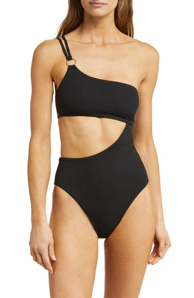 Vitamin A Cosmo Cutout One-shoulder Rib One-piece Swimsuit In Black Ecorib