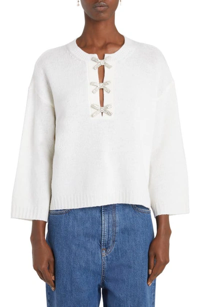 Valentino Crystal Bow Cutout Virgin Wool Jumper In Avorio/ Silver