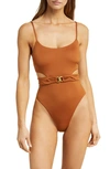 Vitamin A Luxe Link Belted One-piece Swimsuit In Bronze