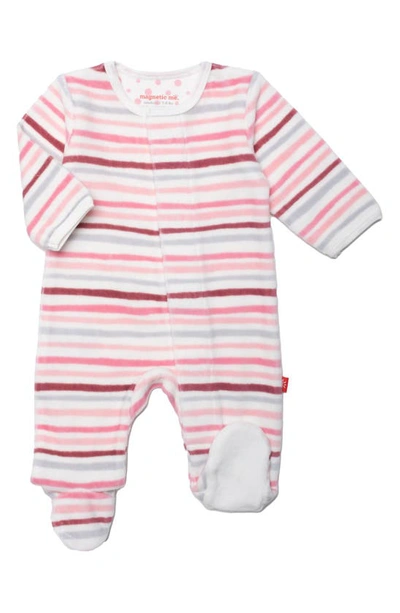 Magnetic Me Babies' Stripe Velour Footie In Pink/ Grey Multi