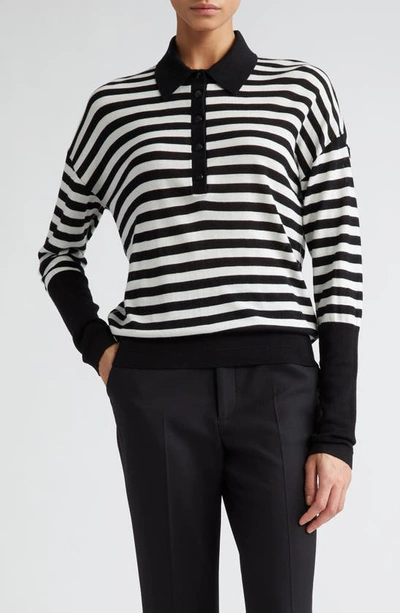 Maria Mcmanus Stripe Long Sleeve Organic Cotton & Recycled Cashmere Polo In Black Stripe
