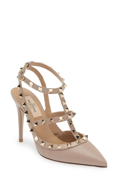 Valentino Garavani Rockstud T-strap Pointed Toe Pump In Brown