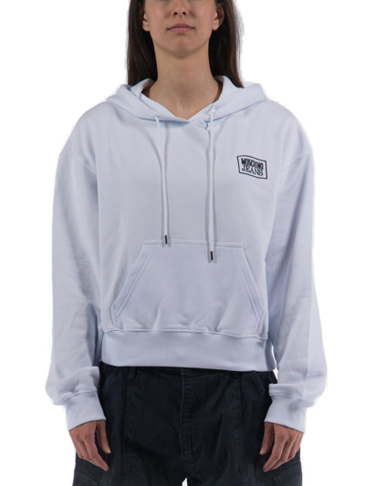 Moschino Jeans Logo Embroidered Drawstring Hoodie In White