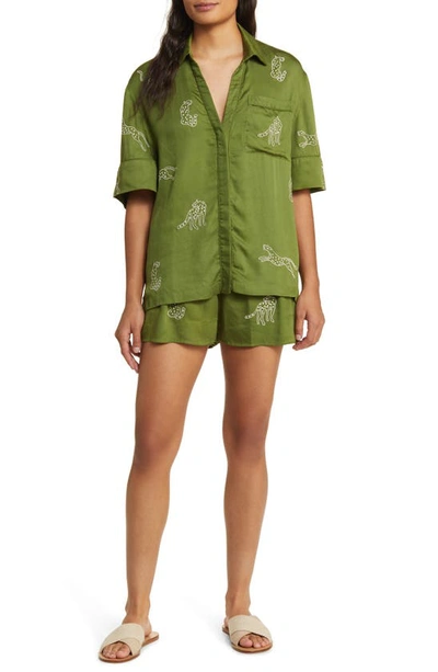 Sani Animal Embroidered Sateen Pajamas In Green