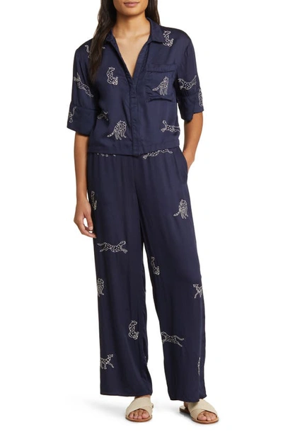 Sani Animal Embroidered Sateen Pajamas In Navy