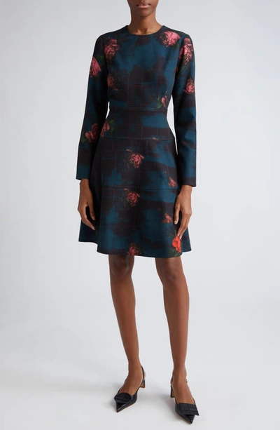 Lela Rose Lily Floral Check-print Long-sleeve Tiered Paneled Dress In Ocean