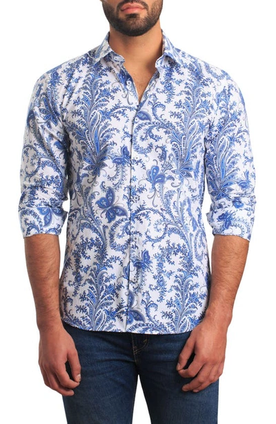 Jared Lang Trim Fit Floral Cotton Button-up Shirt In White And Blue