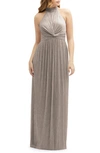 After Six Metallic Pleated Halter Column Gown In Taupe Metallic
