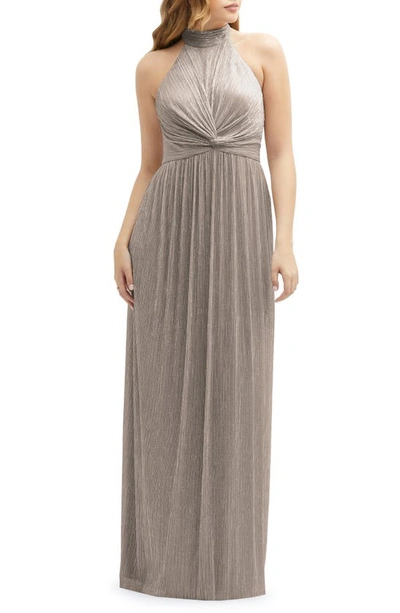 After Six Metallic Pleated Halter Column Gown In Taupe Metallic