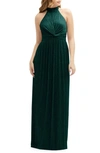 After Six Metallic Pleated Halter Column Gown In Metallic Evergreen