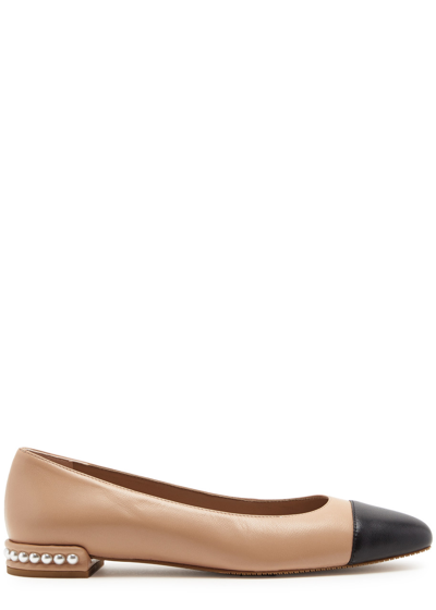 Stuart Weitzman Pearl Embellished Leather Flats In Beige