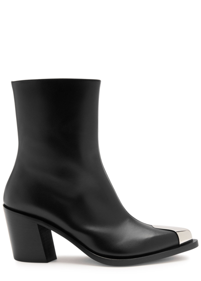 Alexander Mcqueen Leather Ankle Boots In Black And Silver