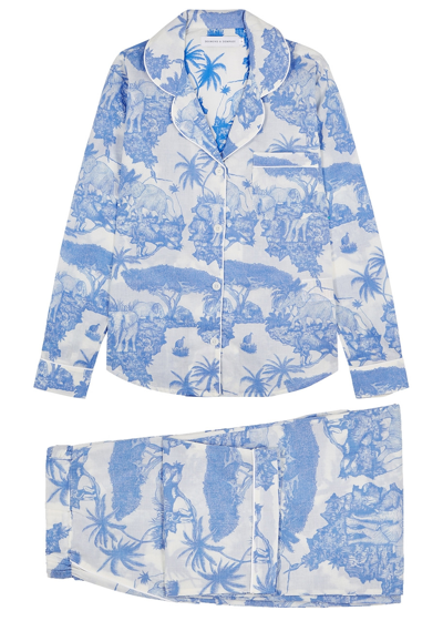 Desmond & Dempsey Loxodonta Printed Cotton Pyjama Set In Blue