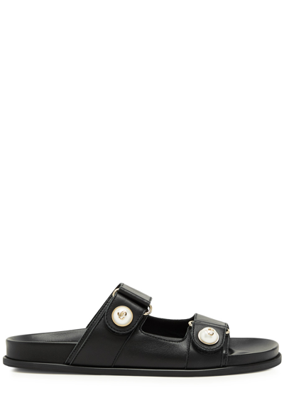 Jimmy Choo Fayence Leather-trimmed Faux Pearl-embellished Mesh Slides In Black