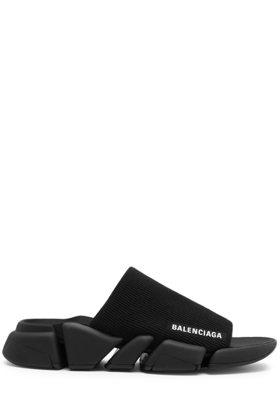Balenciaga Speed 2.0 Logo-print Stretch-knit Slides In Black